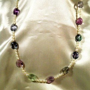 Natural Seed Pearl & Smooth Clear Quartz Sterling Necklace